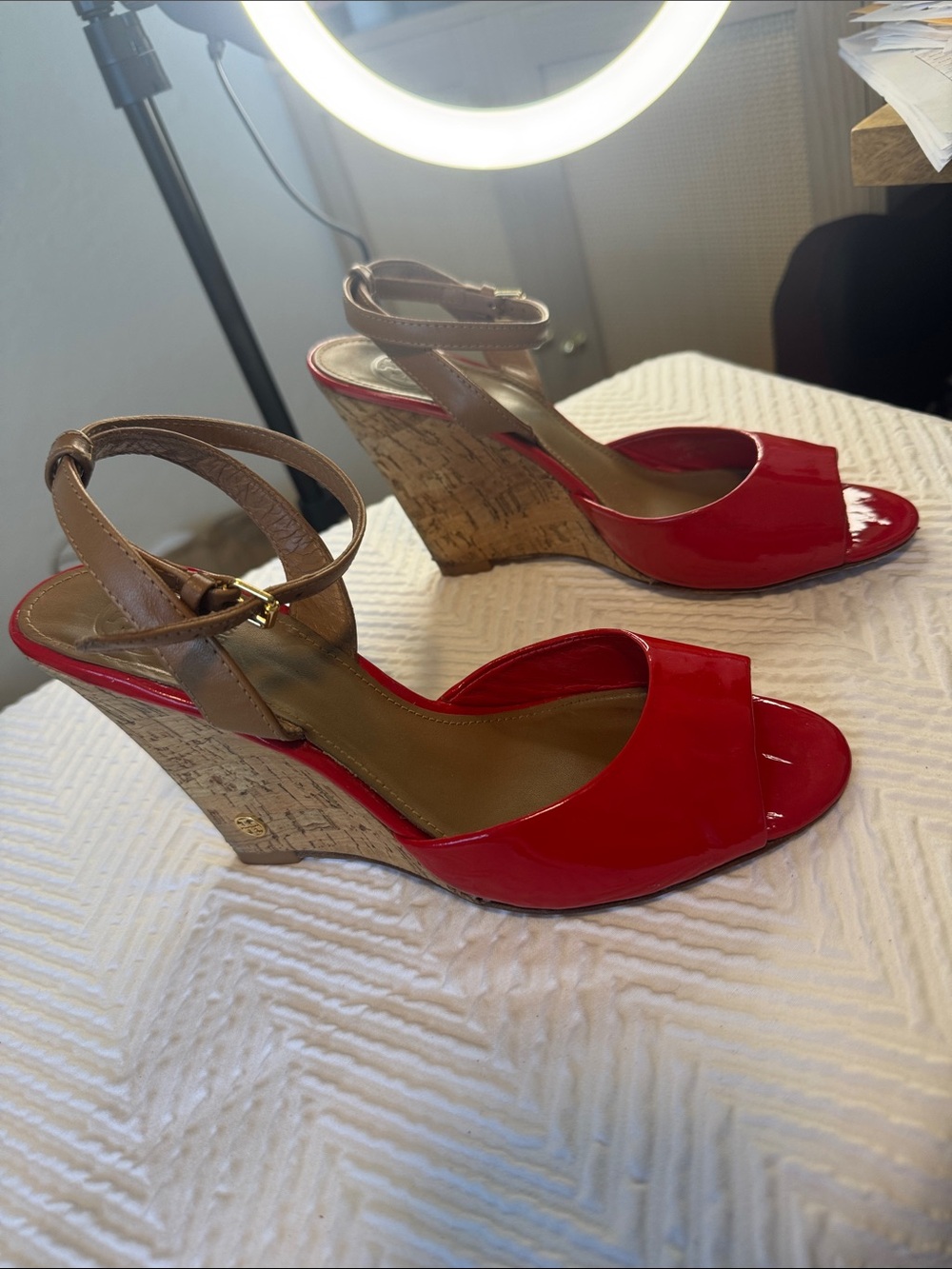Tory Burch Red Patent Peep-Toe Cork Wedge Sandals with Tan Ankle Strap